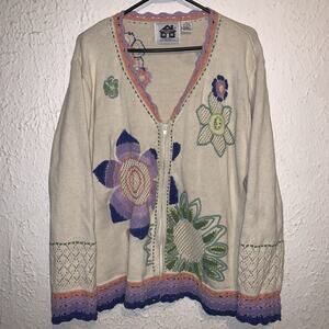 Vintage 90s Storybook Knits Flower Floral Zipper Cardigan Sweater Large